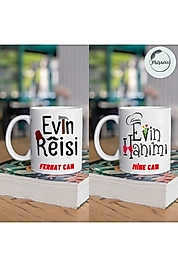 Miracix MRCKLT08 Kişiye Özel Evin Reisi,Evin Hanımı Baskılı 2'li Kupa Bardak Hediyelik