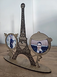 Eyfel Kulesi Ahşap Fotoğraf Çerçeveli Kalpli İsim Kazımalı Kişiye Özel