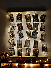 Miracix MRCKLT42 Mandallı İpli Işıklı Fotoğraf Askısı, Ledli Anı Duvarı, Ahşap Fotoğraf Çerçevesi