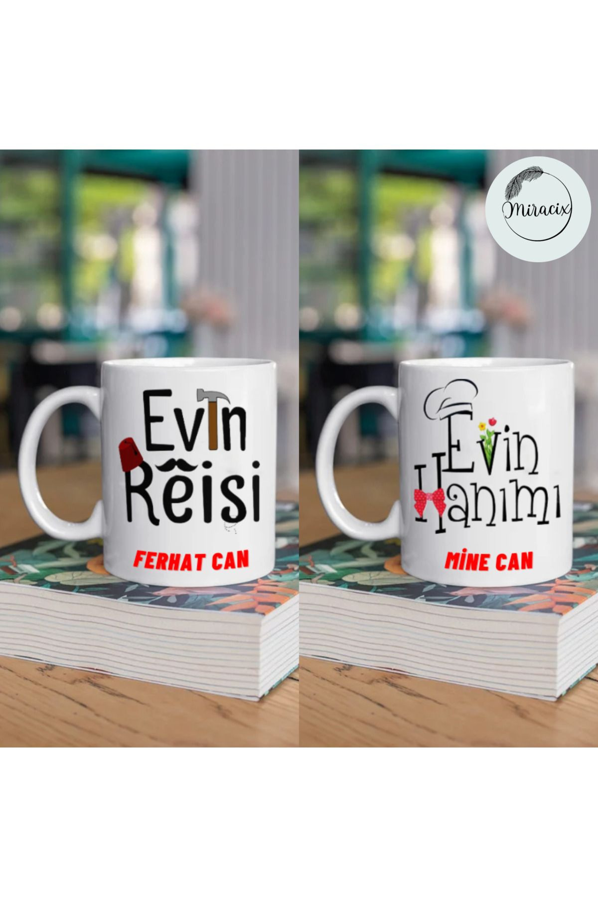 Miracix MRCKLT08 Kişiye Özel Evin Reisi,Evin Hanımı Baskılı 2'li Kupa Bardak Hediyelik