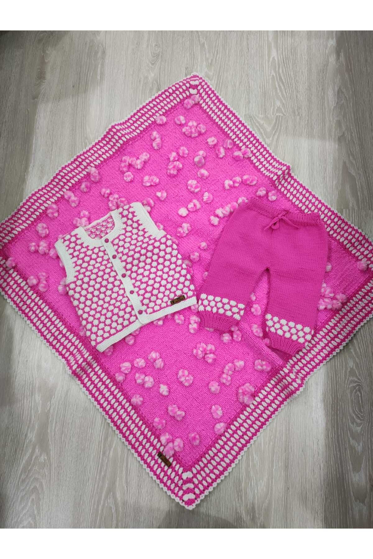 Miracix MRCKLT61 El Yapımı El Örgüsü 3`Lü Bebek Hırka, Alt Pijama, Battaniye